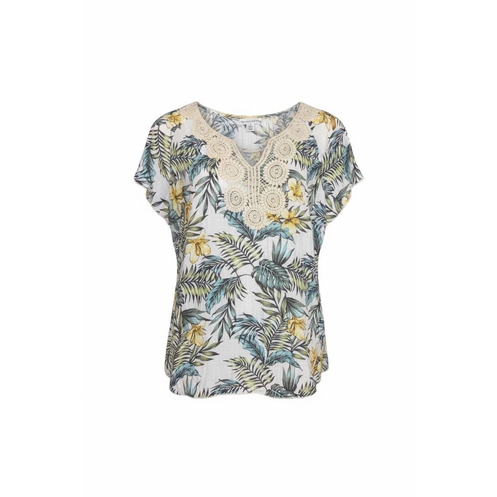 New York Laundry NWOT Floral Tropical Crochet Short Sleeve Top Blue Cream Sz 1X